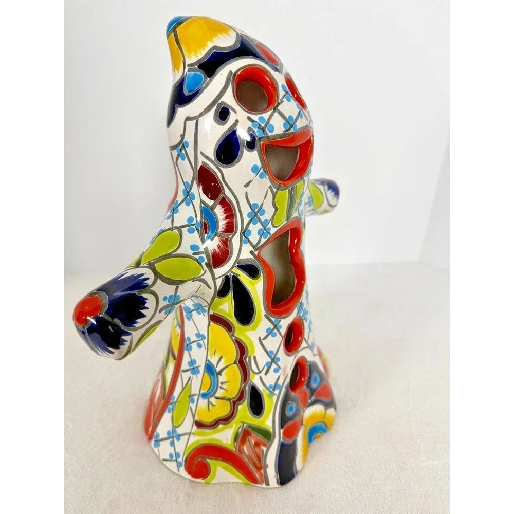 Talavera Style Ceramic Ghost Luminary Candle Holder Hand‎ Painted Folk Art